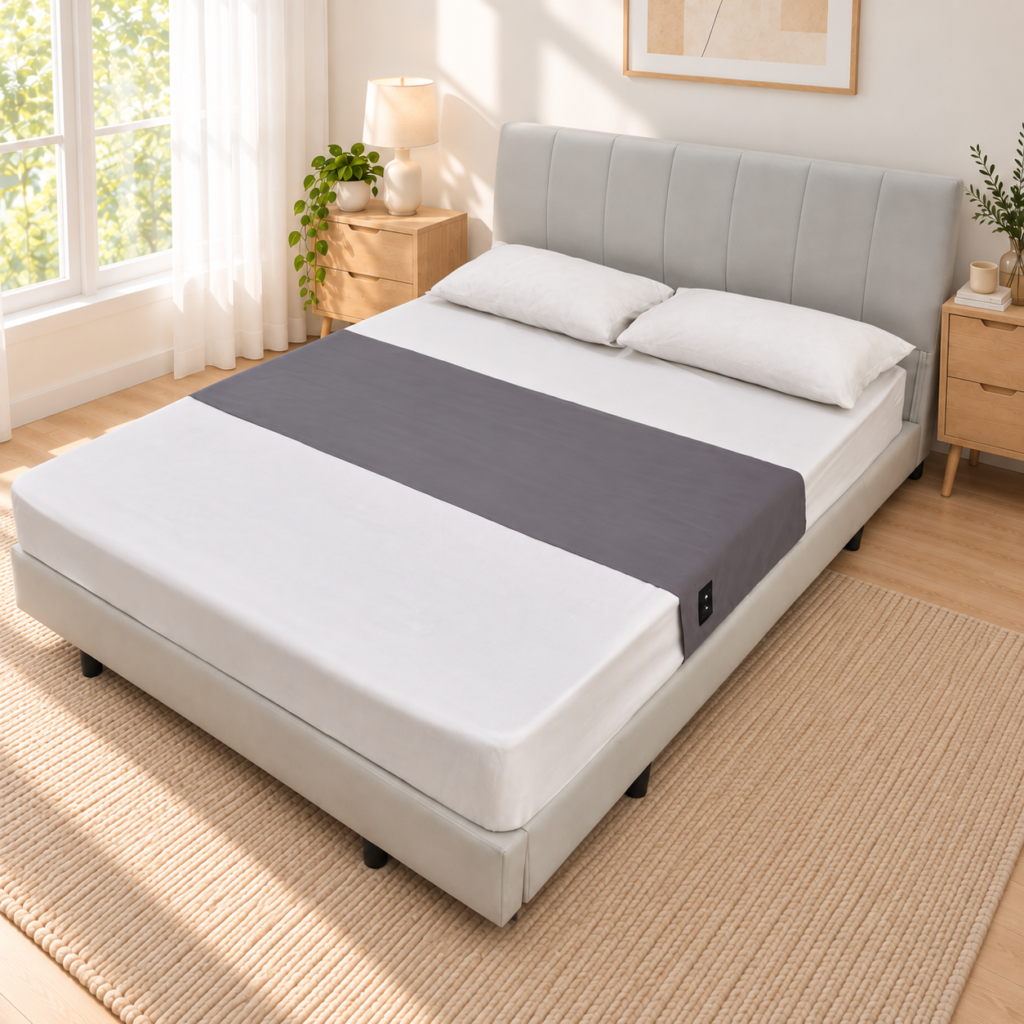 Gray Grounding Half Flat Sheet laid across a bed, product front view