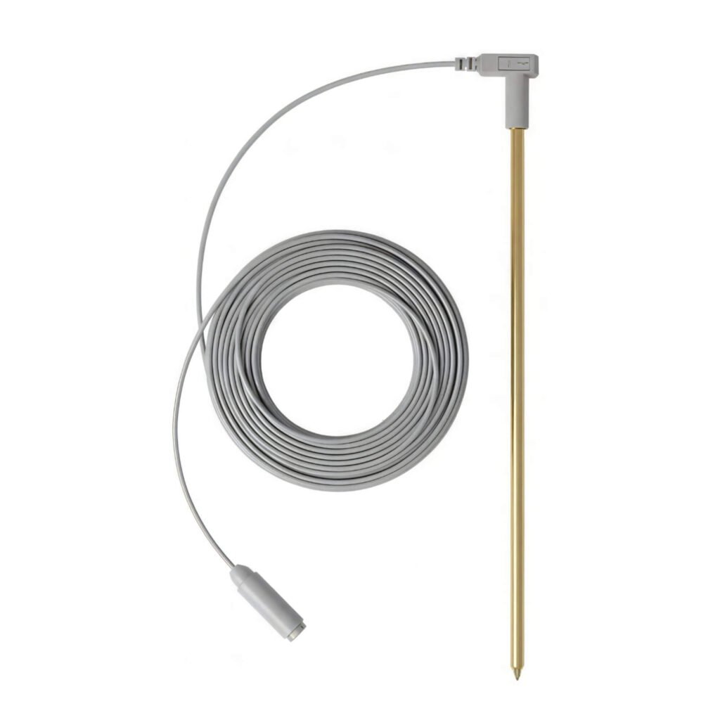 Grounding Rod with coiled gray cord, product view