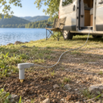 Grounding Rod installed outdoors beside a camper van
