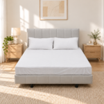 Aisiting white grounding fitted sheet on a bed, front view