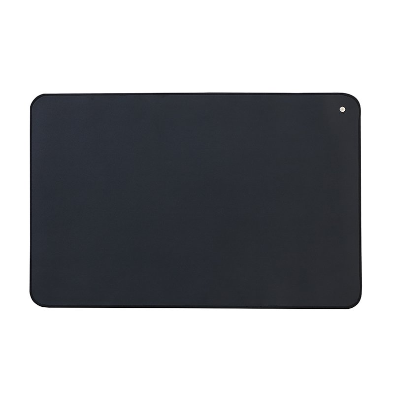 Black grounding mat with a snap connector, front view