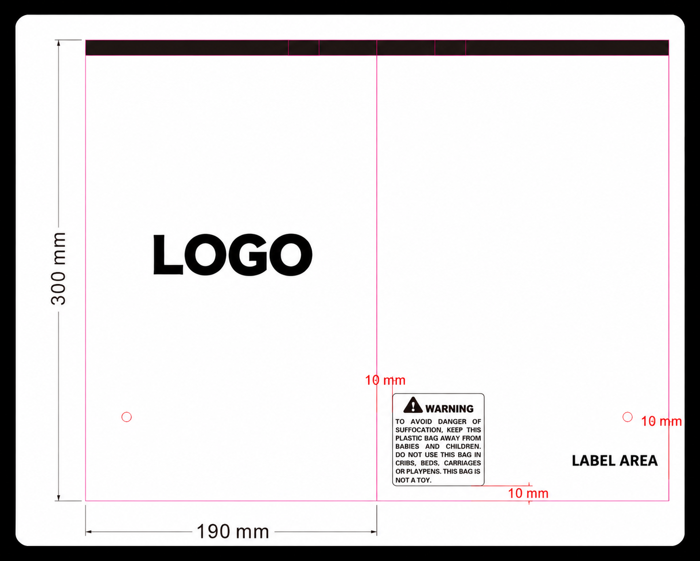 Anonymized packaging bag artwork with a LOGO brand area and example dimensions