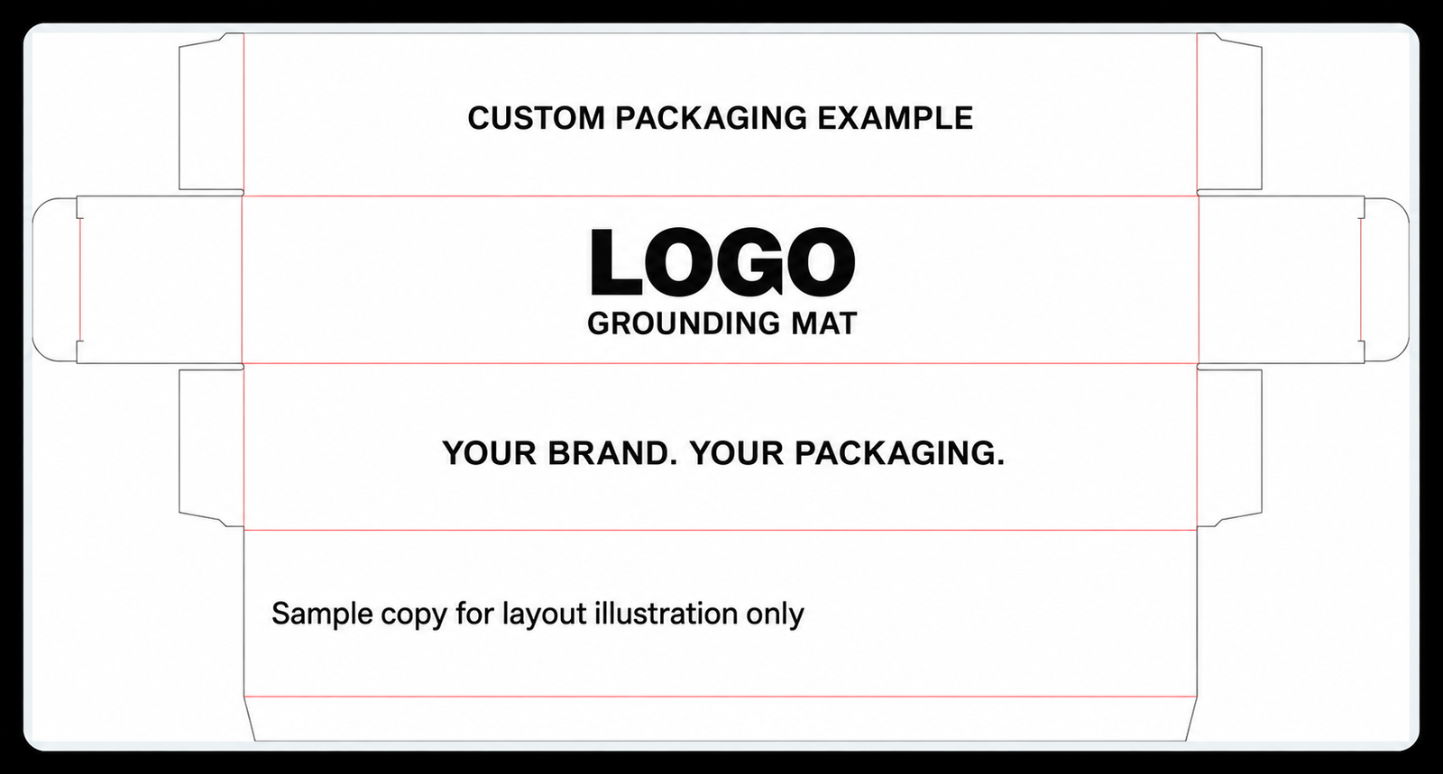 Grounding mat box dieline example with generic LOGO and sample packaging copy