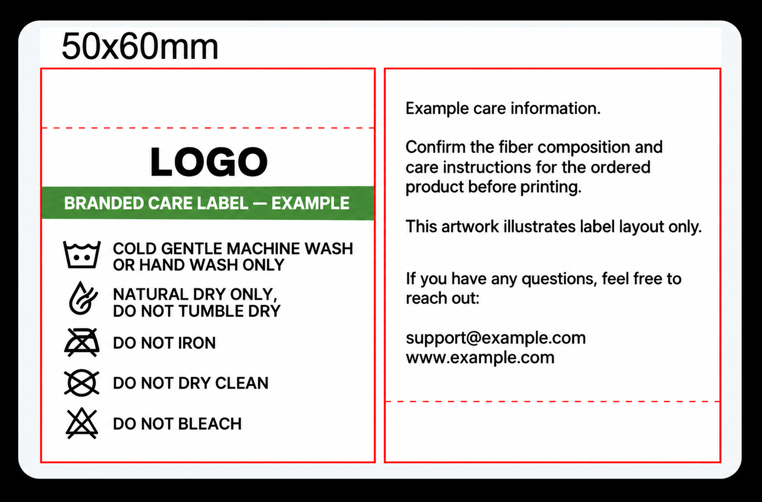 Two-sided branded care label artwork example with generic LOGO and example contact details