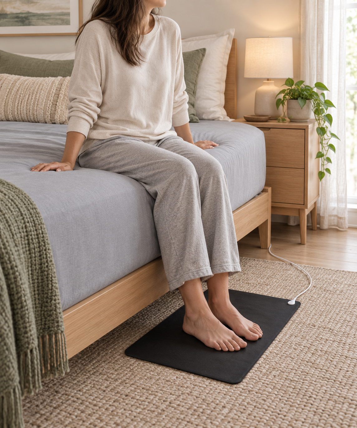 A woman seated on grey grounding bedding with her feet on a grounding mat