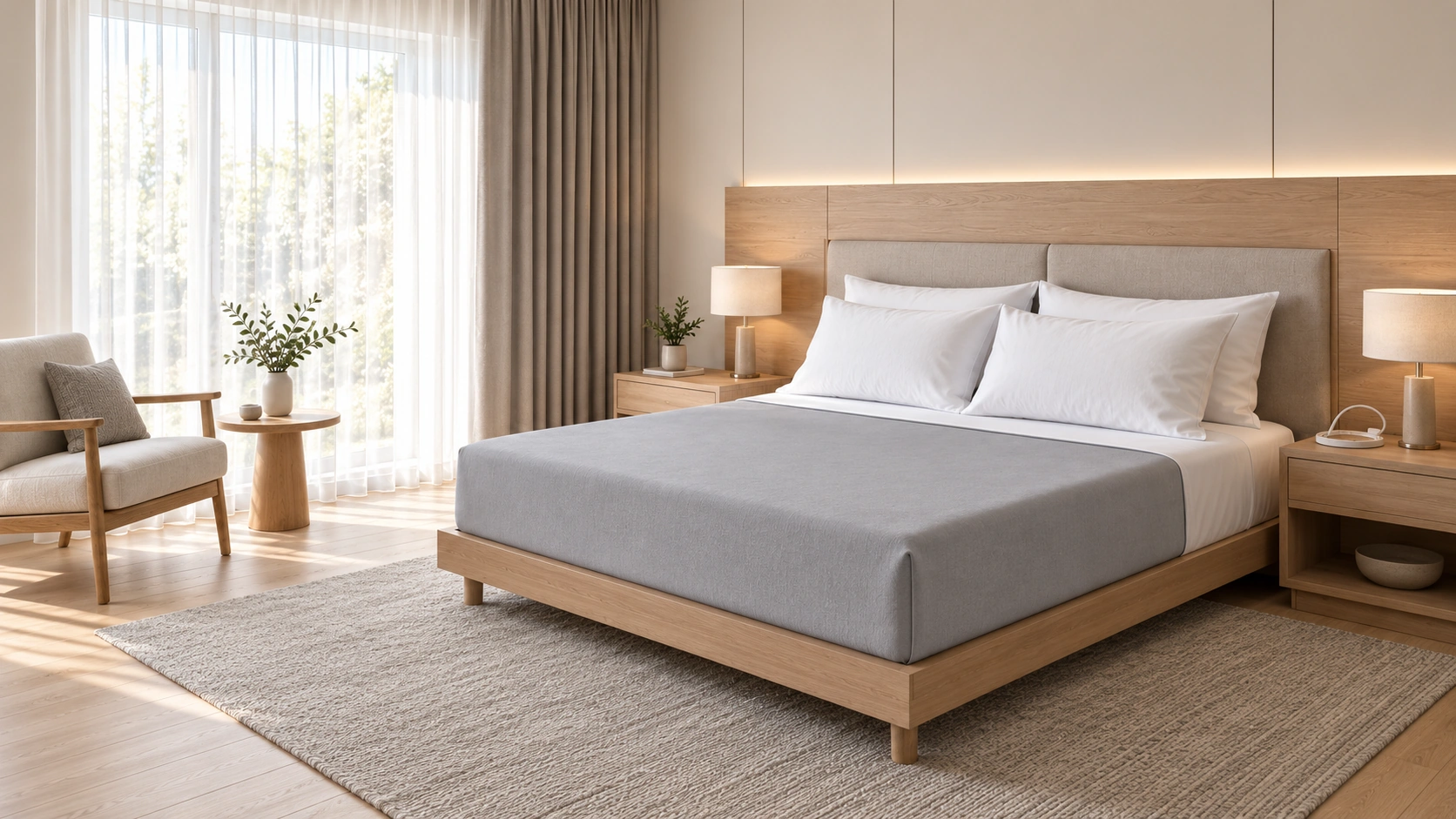 Gray grounding bedding in a warm natural bedroom